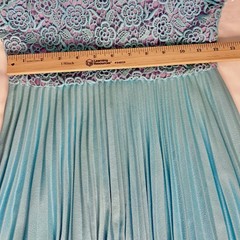 Vintage 60s 70s Tea Dress Crochet Overlay Long Sleeve Pleats Blue~XS~B32 W24 EUC