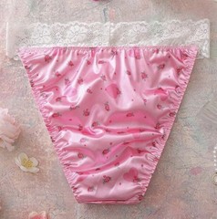 Glossy Pink Floral 2nd Skin Satin Lace Waistband Hi-Cut Rio Panties L NEW