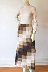1970s Lurex Glitter Knit Maxi Dress Gold Brown Checkerboard Geometric Long Sleev