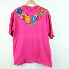 Vintage L XL T Shirt Embroidered Floral Hippy Boho Puerto Rico Handmade Pink