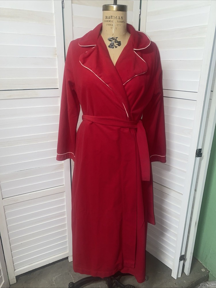 70s 80s Red Velour Fleece Belted Lounge Wear Tie Robe Maxi Length Large