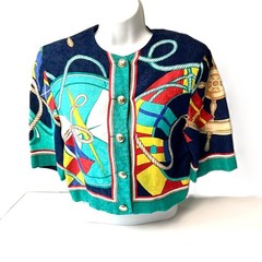 Vintage BYBLOS Nautical Print Copped Linen Blend Cardigan Jacket IT44 Italy