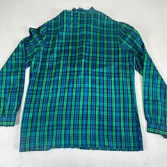 Vintage JCPenney Fashions Plaid Blouse Green Blue Ruffle Neck ILGWU USA 13/14