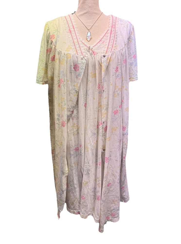 Fundamentals 2pc Set Nightgown & Robe sz M Cotton Blend White Floral SEARS VTG