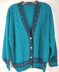 Vintage 80s Southwest Cable Knit Cardigan Sweater Teal Purple Chunky Slouchy M L