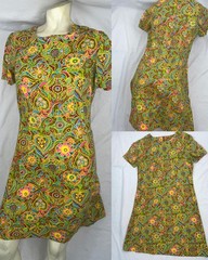 VTG 60S 70S WOMENS S GEOMETRIC MANDALA PRINT DISCO HIPPY BOHO RETRO DRESS