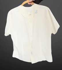 1950s Judy Bond Embroidered Ivory Blouse Back Button Vintage Sony Studios Sz Sm