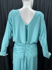 Vintage 80s Light Aqua Draped Maxi Dress Long Sleeve Made in USA Sz 12 Polyester