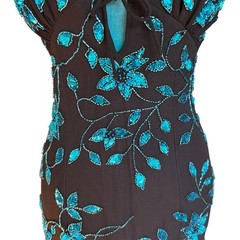 Cache Womens Silk Halter Maxi Black Teal Sequin Beaded Prom Fairy