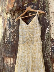 1940s Art Deco Antique Gold Cream Floral Brocade Formal Maxi Summer Dress Gown S