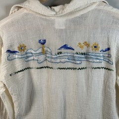 VTG 1970s Scenic Floral Embroidered White Gauze Cotton Button Up Womens Sz M