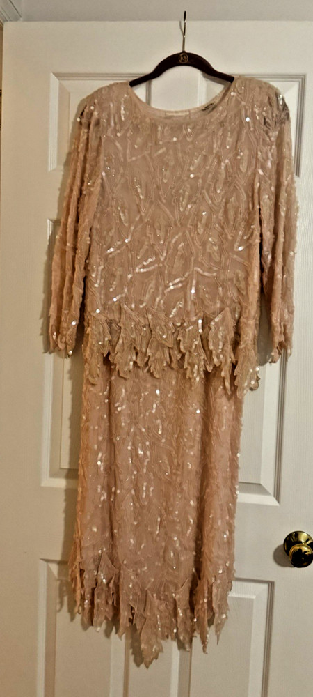 1988 Sequin Dress Pink Beaded Long Sleeve Two Piece Gown