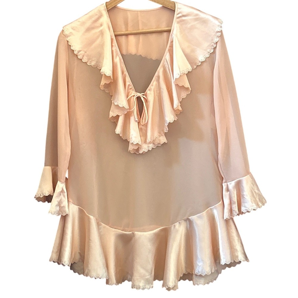 Vintage Ethereal Ruffle Peach Satin Blouse Ruffle Coquette Balletcore Romantic