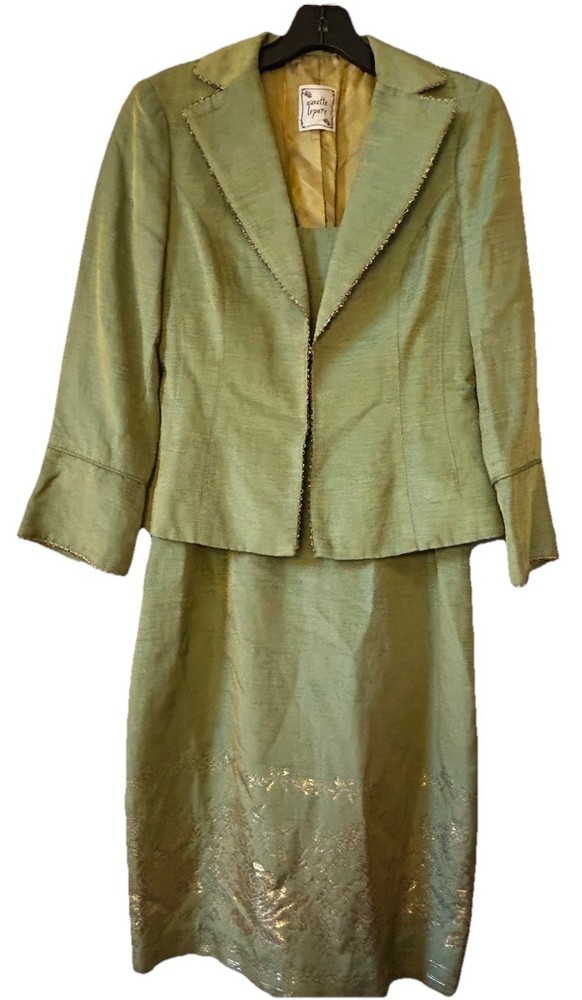 VTG Y2K Nanette Lepore Couture Iridescent Dress&Jacket Set 2 Gold Embroidered