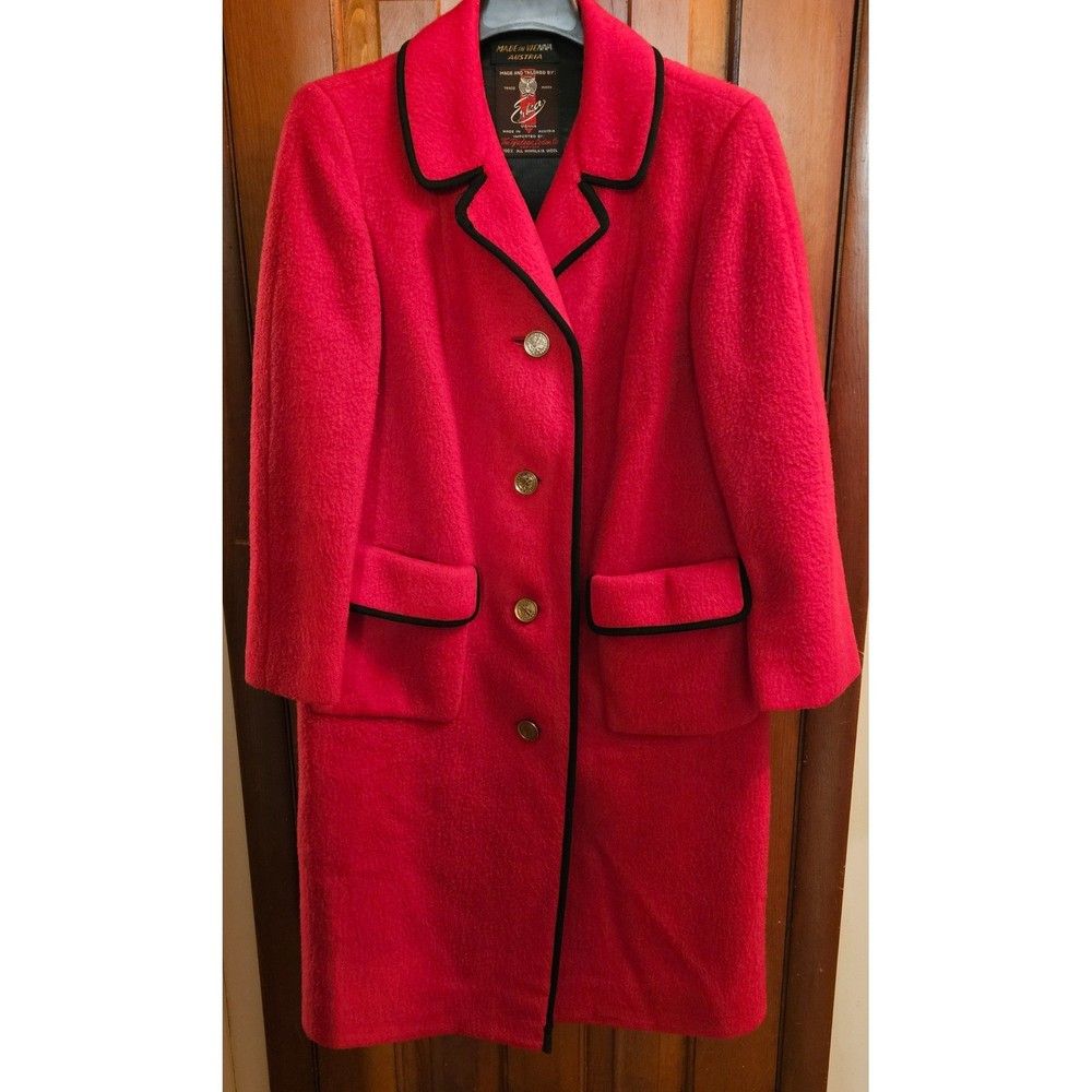 Erika Vienna Red Himalaya Wool Coat Black Trim Tyrolean Loden Co Austria Vintage