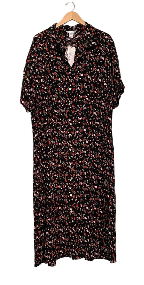 Silhouettes Dress Size 26 Rayon Black Red Flowers Midi Short Sleeve Cottagecore