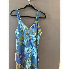 California Dynasty Vintage 70s Retro Blue Tropical Floral Satin Slip Dress L