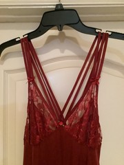Sz S PETRA Burgundy long Nightgown Nylon lace bows Criss Cross Back made in USA