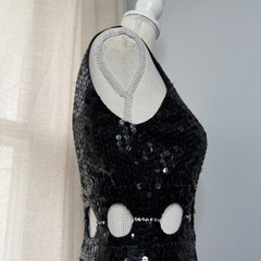 Vintage Niteline Della Roufogali Sequin Cutout Rhinestone Mini Dress Black 4