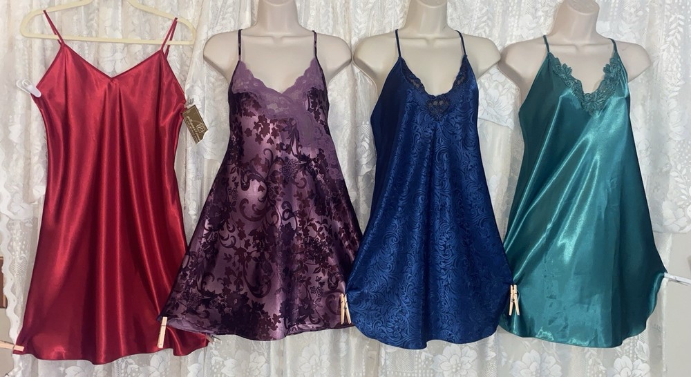 VTG Lot M+ 4 SATIN Babydoll NIGHTIE nightgown Red Plum Blue Green lace 1 nwt USA