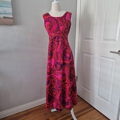 VTG 60s Sears Hawaiian Fashions Barkcloth Maxi Dress Pink Paisley Tiki Mod Rare