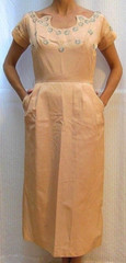Vintage 1950’s PEACHY PINK FAILLE DRESS Metal Rhinestones Embellishment – Size S