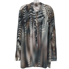 Yansi Fugel Vintage Tunic Abstract Print gray tan Long-Sleeve half Button-Up L