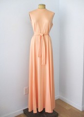 Vtg 70s Apricot Peach Poly Knit Maxi Dress Disco Gown Tie Belt Full Skirt M/L