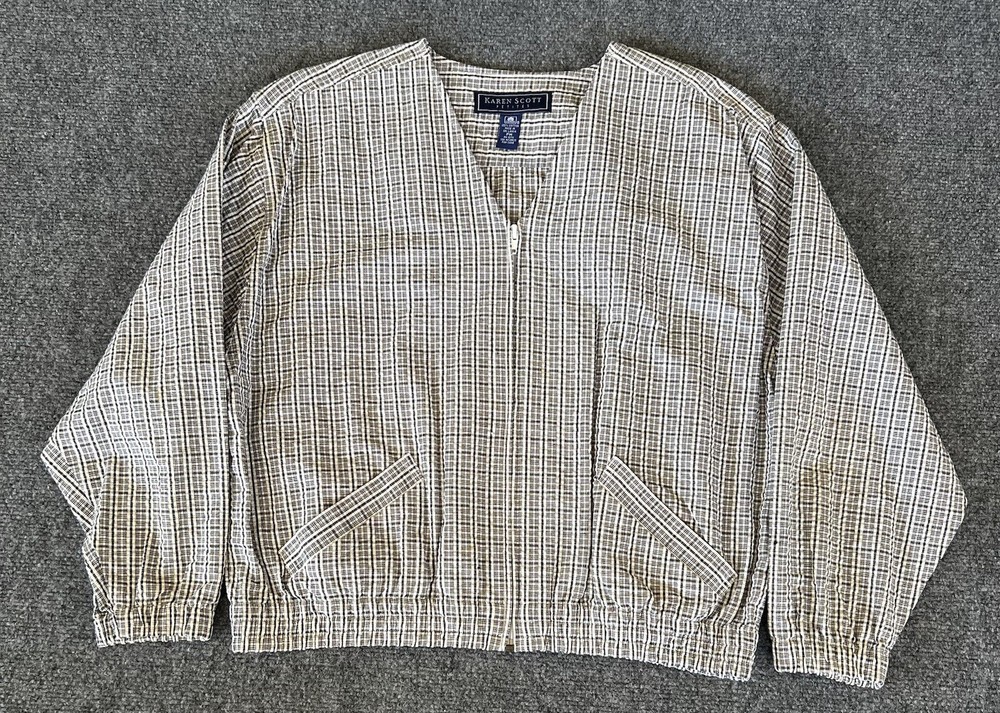 Karen Scott Womens VTG Seersucker Jacket Gray Check Full Zip Lightweight