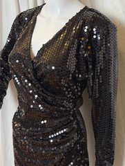 VTG 80s 90s Night Way Black Sequin Body Con Cocktail Party Midi Wrap Dress 6/S