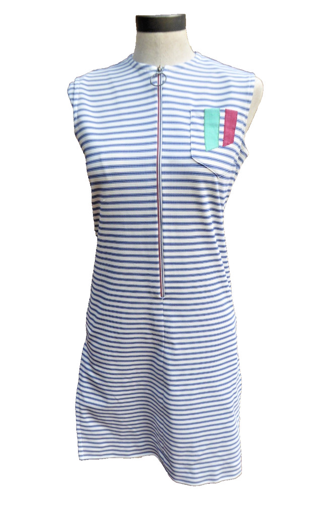Vtg 60s 70s Mod Stripe Tunic Dress O-Ring Zipper Boho Nautical Side Slit Small