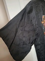 Vintage Satin Asian Dragon Kimono Embroidered Pockets Long Robe Large Black