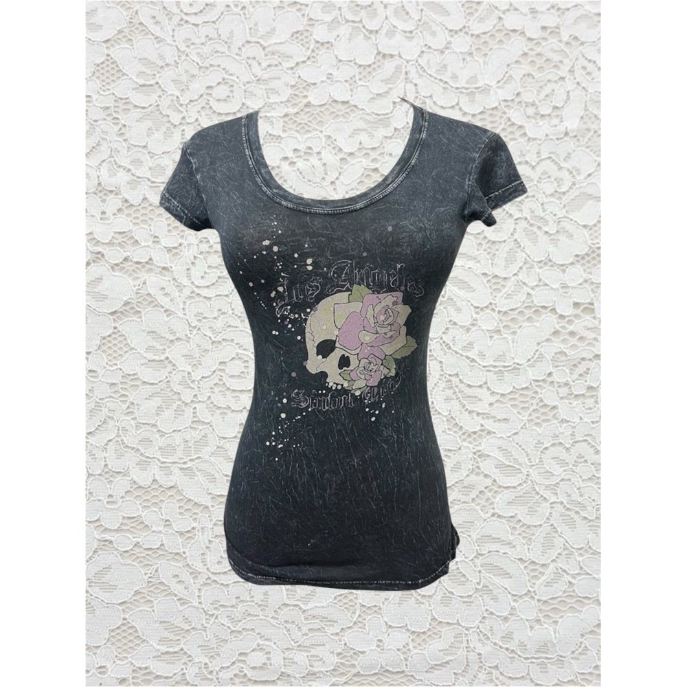 vintage grey skull and rose graphic cap sleeve baby tee