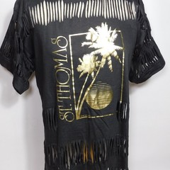 Vintage 1980s Shredded Fringe ST THOMAS 1987 Single Stitch Black T Shirt Size XL