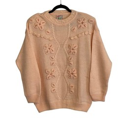 Fashion Ferza Vintage Peach Floral Beaded 3D Applique Knit Sweater Grannycore