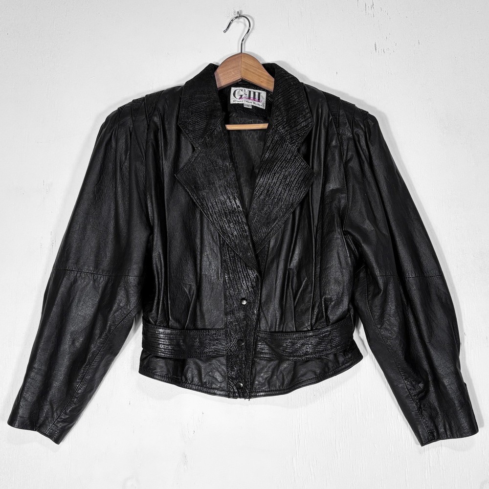 VTG 80s G-III Black Leather Biker Western Jacket Womens M Cropped Puff Sleeve