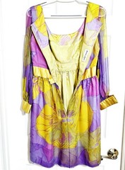 Vintage 60s Burke-Amey Floral Print Silk Chiffon Dress SM Yellow Purple COUTURE