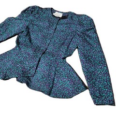 Vintage 1980s Paul Blanco 100% Silk Peplum Blouse 12 Puff Sleeves Teal Purple