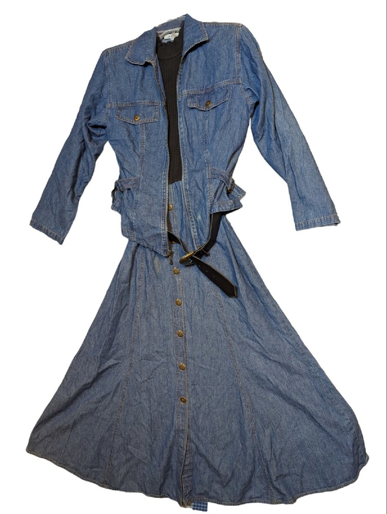 Vintage Miss Ashlee Three Piece Denim Dress Jacket Belt Sweater Size 6