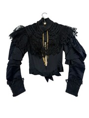 Antique 1890s Victorian Mourning Bodice Jet Black Beaded Boned Lace Top Jacket