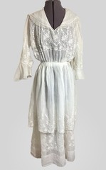Edwardian 1910s Cotton Gauze Tea Gown Tiered Summer Dress Embroidery Mesh Ruffle