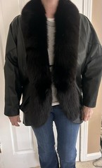 Vintage 1980s Jacqueline Ferrar Black Leather Coat Fox Fur Trim Size M