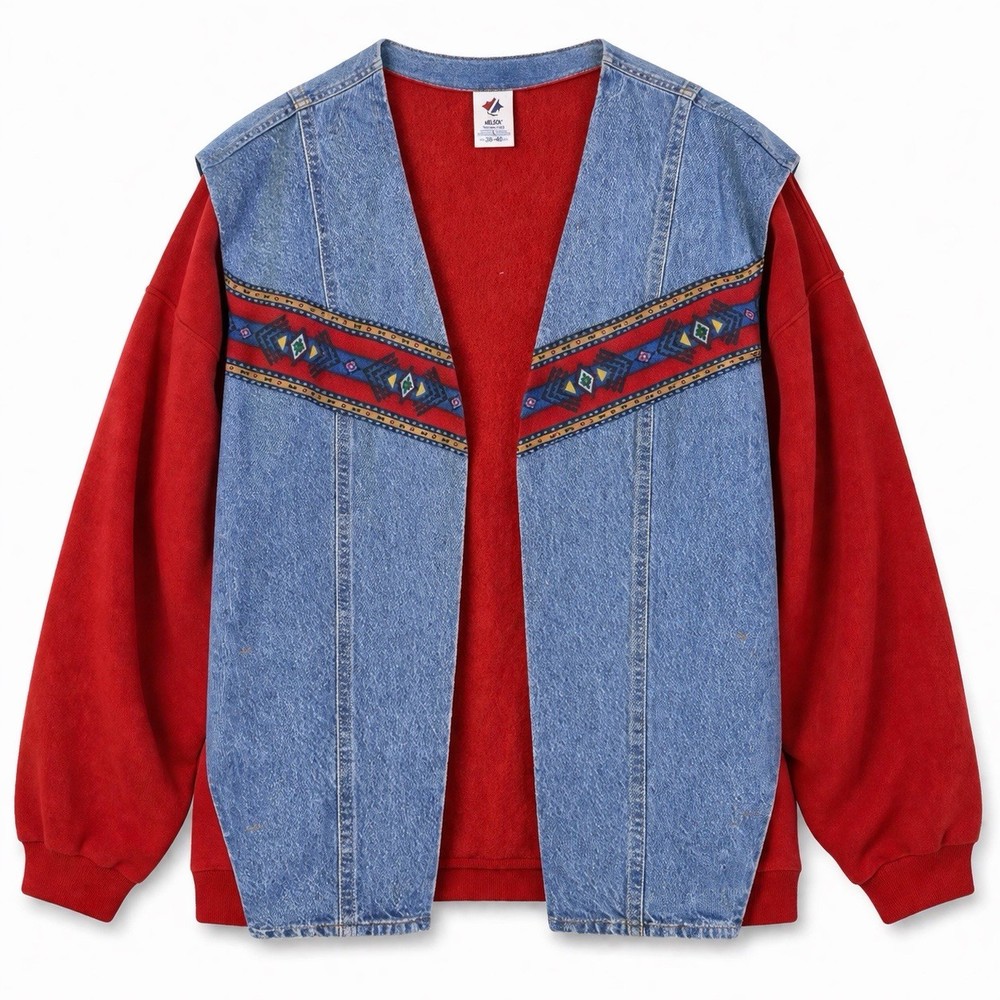 Jerzees Womens Red Denim Tribal Jacket Open Front Reworked 90s 3XL Handmade Vtg