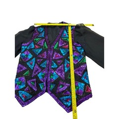 Laurence Kazar Vintage Silk Beaded Sequin Geo. Top Sheer Sleeve Purple L READ!!