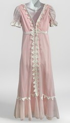 Vintage 1970s Women Maxi Dress XS/S Pink Swiss Dot Lace Puff Short Sleeve Lined