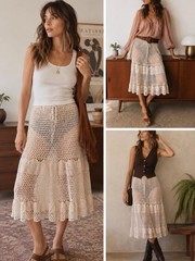 VTG 70s Crochet Midi Skirt Boho Festival Beach Cover Up Ivory Cotton Drawstring