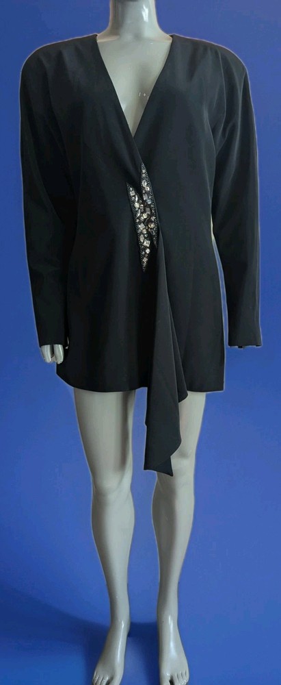 Vintage 80s D’ore Black Draped Jacket w/Rhinestone Accent Draped Fold 16