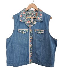 Vintage Koret Denim Blouse Women 18W Floral Cottage Patchwork 90s Retro Roses