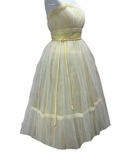Vtg 50s Sz S Prom Dress Cupcake Yellow Satin 2 Layers White Net Tulle Dance Time