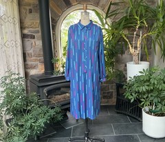 Vintage 1980s Blue and Fuchsia Polyester Knit Shirtdress “The Shirtdress” Sears